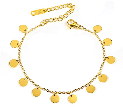 Kim Johanson Edelstahl Damen Fußkettchen *Coins* in Gold | Fußkette mit 12 kleinen Plättchen | Rostfrei & Wasserfest | Kugeln Fußband | Frauen Boho Schmuck | Verstellbar inkl. Schmuckbeutel