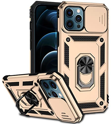 Hitaoyou iPhone 12 Pro Max Case with Camera Cover & Kickstand, Slide Lens Protection + 360° Rotate Ring Stand, Impact-Resistant, Shockproof, Protective Bumper,Covers for iPhone 12 pro max Gold