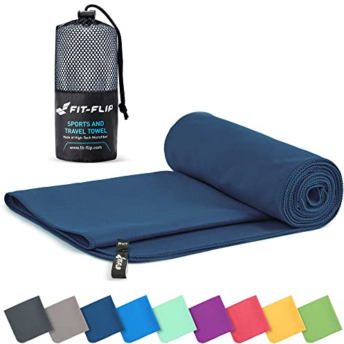 Fit-Flip microfiber handduk - kompakt, ultralätt och snabbtorkande microfiberduk – en perfekt resehandduk, sporthandduk och strandhanduk – handdukar för camping (100x200cm marinblå)