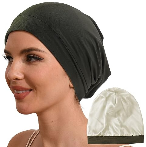 Hat Hut Bonnet de Nuit 100% Soie de Mûrier pour Cheveux Bouclés, Bonnet Souple de 19MM Soie pour Dormir Femme Homme (FR/ES, Alpha/Lettres, Taille Unique, Vert)
