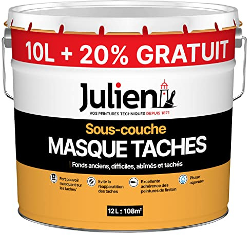 Julien Peinture Sous-Couche Masque-Taches Multi-Supports - Isole les Taches sur Murs et Plafonds - Blanc Mat 10L + 20% Gratuit
