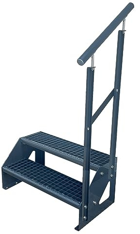 Kaminbau Mierzwa Premium Treppe Freistehend 2 Stufen Anthrazit Geländer Rechts (Breite 800 mm) (Höhe 38cm) (Wangen: Anthrazit) (Stufen: Anthrazit)