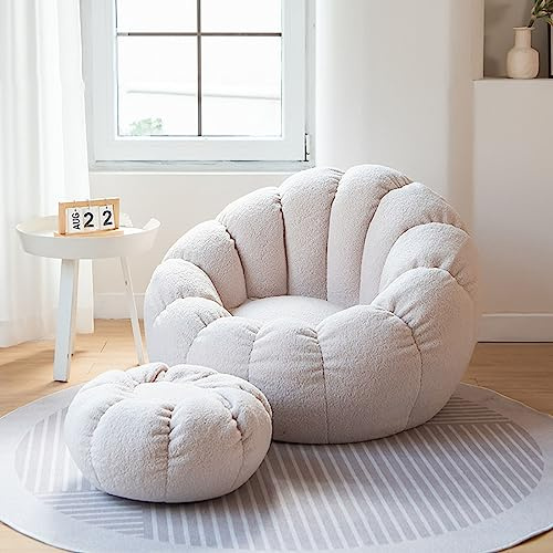 LDIW Premium Teddy Fleece Bean Bag Chair Cover (No Filler) - Soft Lazy Sofa Sack for Adults & Teens - Fits EPS Beans or Memory Foam - Comfy Living Room Furniture 85x65cm,Beige White