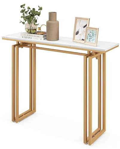 COSTWAY Smalt konsolbord för hall i marmorutseende, sidobord med metallram, modernt entrébord, 110 x 30 x 81 cm (guld)