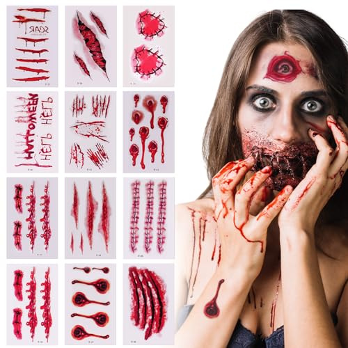 Halloween Tatuaggi Temporanei, 30 Fogli Trucchi Halloween, Cicatrici Finte, Tatuaggi Zombie Scar Tatuaggi Adesivi Horror Realistico Impermeabile 3D Trucco e Decorazioni per Festa (#1-30 Pezzi)