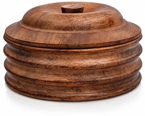 Handcrafted Wooden Mexican Tortilla Warmer Basket Indian Chapati Roti Bread Holder Box Pancake Keeper Serveware Hot Pot Casserole Dish with Lid Home Kitchen Dining Decor, Natural Brown, 22 x 11 cms