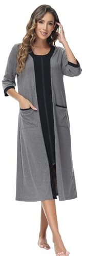rismart Mujer Manga 3/4 Cremallera Bata de Casa Casual Cuello V Camisa de Dormir Pijama Vestido Gris,M