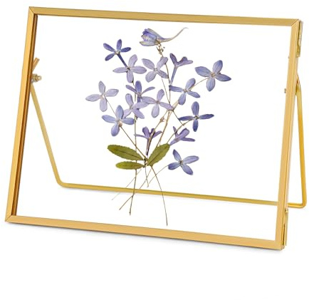REDHUGO Glass Pressed Flower Frame Handmade, Horizontal, Gold, 5×7 inches | Glass Floating Picture Frames Tabletop Brass Photo Frame for DIY Dried Flowers Home Plant Specimen, Rectangle Horizontal