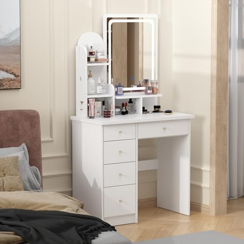 Caldion Schminktisch mit Spiegel,Frisiertisch mit LED-Beleuchtung,3 Farben, Kosmetikkommode mit Hocker,Kosmetiktisch mit 5 Schubladen,Frisierkommode,Weiß,80x40x140cm,für Schlafzimmer Wohnzimmer