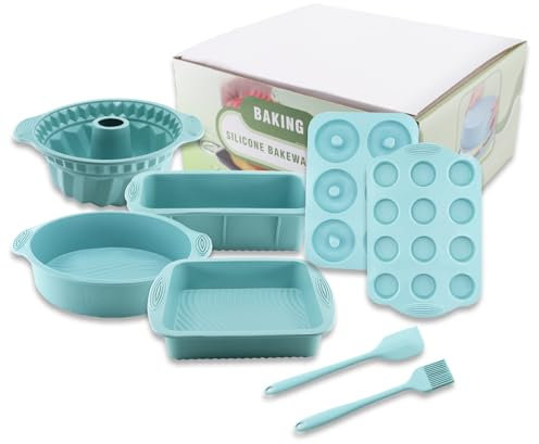 TOKSEO Set di stampi in silicone 8 in 1, antiaderenti, in silicone, rettangolari, quadrati, ciambelle, rotondi, con raschietto e pennello da forno per pizza, pane, torte, muffin