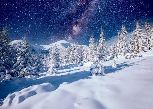 CORFOTO 1.5x1.2m Winter Schnee Landschaft Hintergrund Winter Nacht Weihnachten Fotografie Hintergründe Galaxie Sternenhimmel Kiefer Wald Hintergrund Weihnachten Dorf Dekor Hintergrund