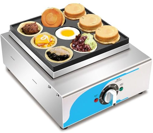 Commercial Egg Burger Waffle Machine, 2000W Non Stick Electric 9 Holes Cooking Burger Maker, Fried Omelette Pancake Waffle Burger Machine, 50-300℃ Rapid Heating Temperature Control, for Breakfast