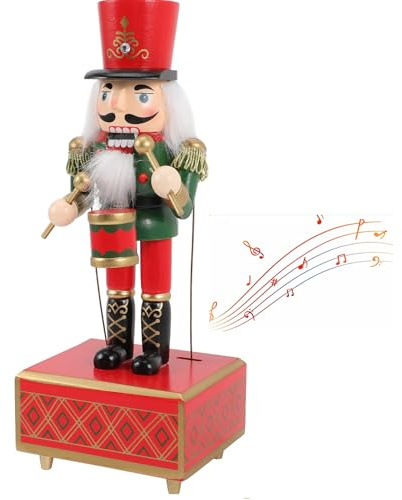 Cabilock Nussknacker Spieluhr aus Holz 30cm - Traditionelle Nussknacker Figur Groß als Weihnachtsdeko, Musikalische Weihnachtspuppe für Tisch & Kamin, Nostalgische Musikbox