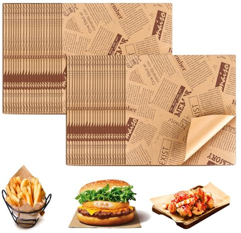 APACALI 400PCS Greaseproof Paper Sheets 25 x 25cm, 9.4 x 9.4 Burger Paper Sheets, Food Wrapping for Sandwich, Hamburgers, Fries, Cake, Brown