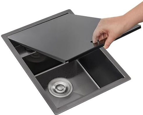Stainless Steel Kitchen Sink with Foldable Faucet Drain Cover Small Built-in Concealed Sink for Bar RV Countertop Vegetable Washing Basin(30 * 45 * 21cm)