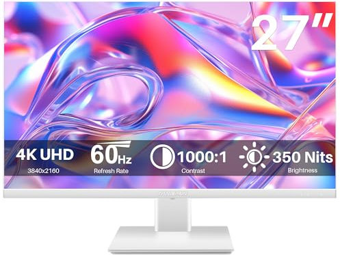 Thinlerain 27 Inch Monitor 4K UHD (3840x2160) IPS LED Screen Computer Display AMD FreeSync, 100% sRGB, Built-in Speakers, 2x HDMI, 2x DisplayPort, 60hz, 4ms, White