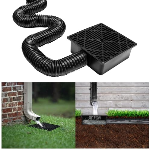 Nicht Grabender Auffangbecken Fallrohr Verlängerungsset, PVC Dachrinnen Ablaufanschluss Set mit Gitter-Abflussdeckel, 23 x 23cm Auffangbecken mit 155 cm Verlängerbarer Schlauch