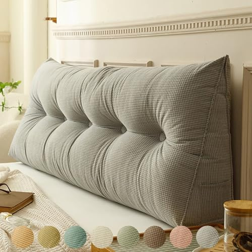 Rückenkissen Bett Grau 80cm, Groß Lesekissen für Bett und Sofa, Cord Bettkissen Rückenlehne Rückenpolster Keil Kopfteil Kissen, Dreieckige Rückenstützkissen Keilkissen Lendenkissen Kopfkissen