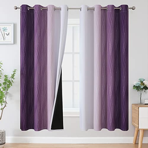 VEHEDE Ombre Blackout Curtains for Bedroom 72 Inch Drop, Thermal Insulated Curtains for Sliding Door, Noise Reducing Drapes for Living Room, W52 x L72 Inch, Purple and Greyish White, 2 Panels