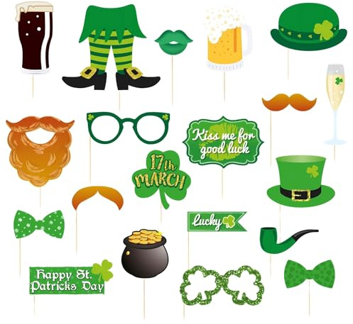 AKH® St Patrick's Day fotorekvisita med pinnar | 20 blandade fototillbehör med irländska teman | Leprechaun hattar, fyrklöverglasögon, mustascher och talbubblor för St Paddy's Day-fester och evenemang