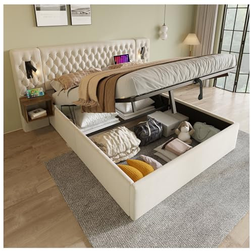 Bettanlage Schlafzimmer Komplett Set,Polsterbett Hydraulisch Stauraumbett Doppelbett 180×200 cm mit 2 Nachttischen, Kopfteil Leselicht mit USB Ladefunktion-261×210×105 cm, Beige, Samt