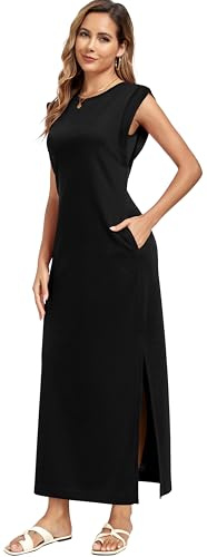 WUWUSKY Women's Sleeveless Maxi Dress with Round Neck and Side Slit - Elegant Casual Dresses with Two Pockets