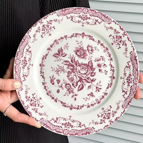 Ceramic Serving Plate, Floral Porcelain Dessert Plates, for Dessert, Pasta, Salad(Pink)