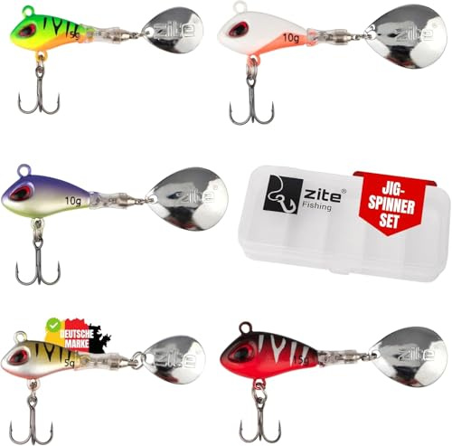 Zite Fishing Jigspinner Set | 5 Stück Spin Jig Barschköder 5g, 10g, 15g | Spinner Barschangeln Zanderangeln | Raubfischköder für Barsch, Zander & Hecht | Spinn-Köder ink. Tackle-Box