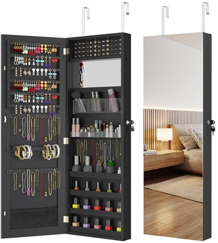 Suusolny 2 in 1 Schmuckschrank mit Haken zur Tür-/Wandmontage Spiegelschrank abschließbar Wandschrank Geschenkidee Schmuck-Organizer mit 2 Make-up Spiegel & Ablagen für Ohrring Halskette - Schwarz