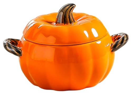 Xoeryoy Tazón de cerámica con tapa, 400 ml lindo tazón de calabaza con doble manija, mini macetas de calabaza individuales fáciles de cocinar, seguro del horno