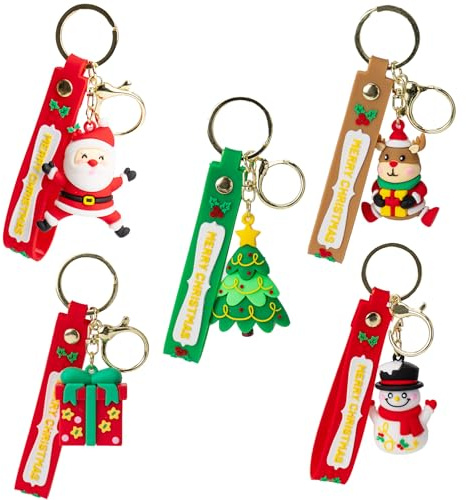 LAXISCREED Lot de 5 Porte-Clés Noël 3D – Père Noël, Bonhomme de Neige, Sapin, Renne & Cadeau – Accessoires Festifs, Décorations de Noël & Petits Cadeaux de Chaussette