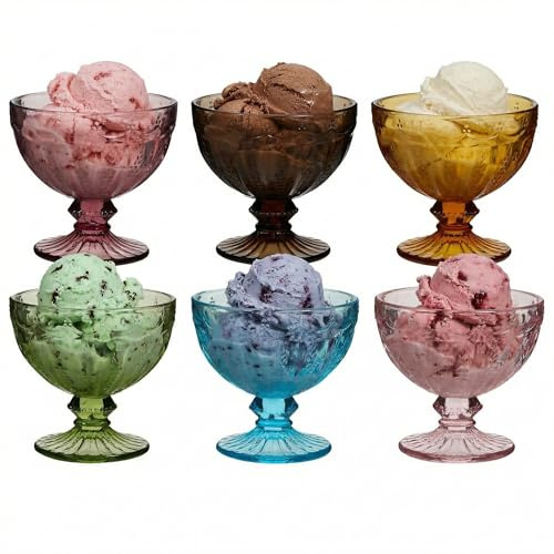 Dibor Set of 6 Dessert Bowls Embossed 260ml Dishwasher Safe Ice Cream Bowls | Footed, Coloured Glass, Vintage Style, Dessert Dish, Sundae Dish, Alfresco Dining, Tableware, Glass Crockery