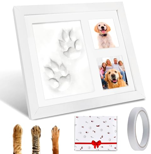 Sporgo Juego de huellas de perro y gato: marco de fotos 3D con 2 fotos y huellas de patas, giratorio 360°, juego de soporte, marco de fotos de madera para gatos o perros (con paquete de regalo)