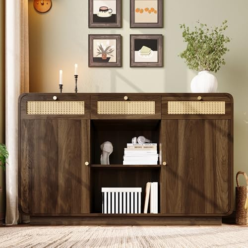 Soweiz Kommode Sideboard Nussbaum, Schubladenschrank mit Rattan & Goldgriffen, 3 Schubladen + 2 Schränke + offenes Regal, Höhenverstellbare Einlegeböden, H85/B120/T40 cm