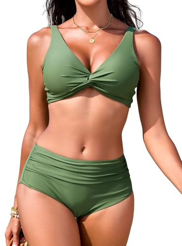 FemiChic Damen Push Up Bikini Set Sexy V Ausschnitt Twist Oberteil Bauchweg Badeanzug mit Verstellbaren Trägern High Waist Hose Bademode für Strand & Pool