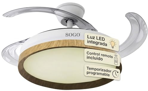 SOGO Ventilador de Techo Plegable con Luz LED y Función Reversible, 3 Aspas Color Madera, Control Remoto, Temporizador, Motor Silencioso, 3 Velocidades, Interior