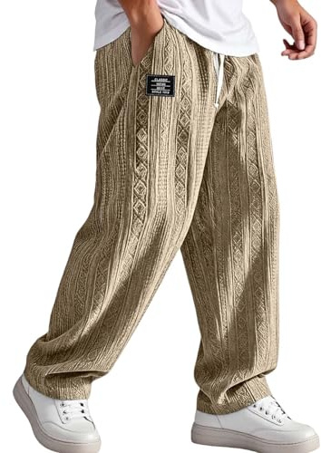 Pantaloni Casual da Jogging in Maglia, Gamba Dritta, vestibilità Ampia, con Coulisse e Motivo Jacquard per Un Comfort Estivo