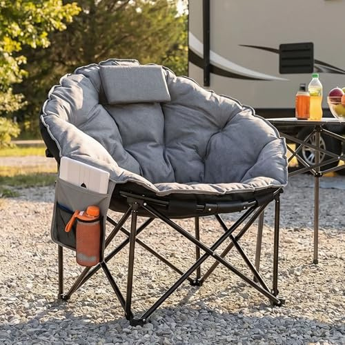 LIFERUN Moonchair Luxus 150KG, Campingsessel rund,Faltstuhl Camping Outdoor | Campingstuhl Faltbar mit Dick Gepolstert, Lagerungstasche, AntiRutsch-Füße, Seitentasche, für Garten, Angeln, Strand, Grau
