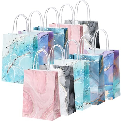BBLIKE Papperspåsar med handtag – 10 stycken marmormönster presentpåsar kraftpapperspåsar med handtag flera färger presentpåsar set lämplig för bröllop, födelsedag, festtillbehör och presenter