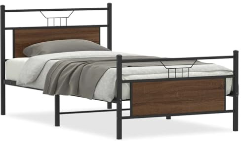 QJBSAVVA Bettgestell 100x190 cm Metallbett mit Kopfteil und Fußteil, stabiles Einzelbett aus Holzwerkstoff und Stahl, braun Eiche Design Bett ohne Matratze für Schlafzimmer und Jugendzimmer