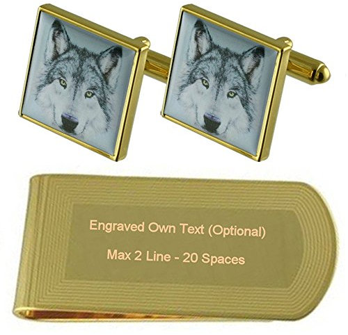 Select Gifts Wolf Gold-Manschettenknöpfe Geldscheinklammer Gravur Geschenkset