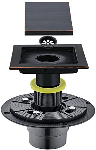 RANDOM Oil Rubbed Bronze Shower Drain Square 6 inch with Adjustable PVC Base Flange,SUS304 Stainless Steel Shower Floor Drain Kit with Tile Insert Shower Drain Cover and Hair Strainer