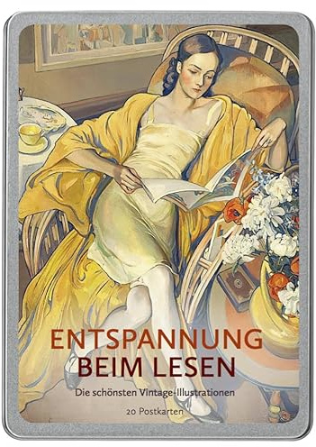 Entspannung beim Lesen: Die schönsten Vintage-Illustrationen, 20 Postkarten gedruckt auf Apfelpapier in einer hochwertigen Dose.
