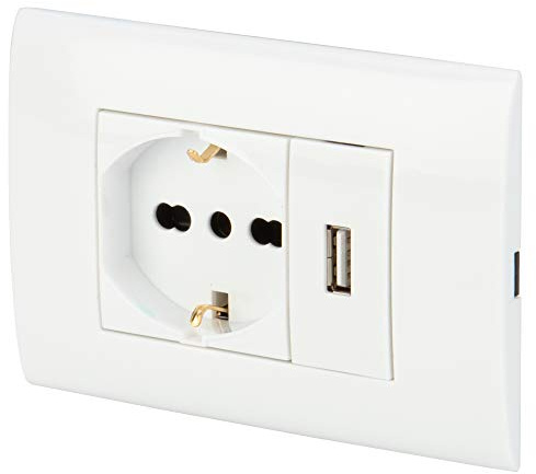 POLY POOL - PP6096X Unterputz-Set 250V mit Multistandard-Schuko-Steckdoseneinsätzen, Stecker 10A – 16A italienisch/deutsch und USB-Buchse 2,1A - weiß mit Dose für Wandmontage