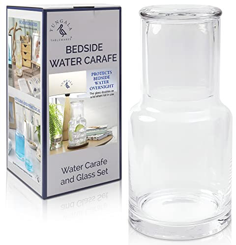 Caraffa da comodino in vetro trasparente dal design moderno per comodino e dispenser di acqua in vetro o un decanter per collutorio in vetro con coperchio a tazza mantiene l'acqua pulita e fresca.