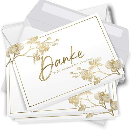 Danksagungskarten Trauer – 10 Klappkarten mit Umschlägen – Motiv: Orchidee Gold – Trauerkarten Danksagung mit Text – Dankeskarten Trauer nach Beerdigung