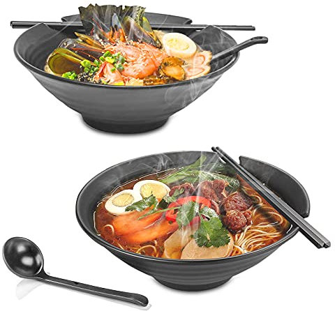 JOKILY 2 juegos (6 piezas) cuencos para sopa, cuenco japonés de ramen, cuencos de cereales de cocina, ensaladeras, cuenco de sopa antideslizante premium con cuchara y palillos para fideos asiáticos y