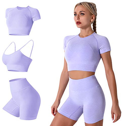IMEKIS Damen 3 tlg Fitness Set Sport-BH mit Crop-Top und Shorts Nahtlose Yoga Kleidung Fitness Workout Outfit Frauen Slim Fit Sommer Biker Activewear Laufanzug Lila S