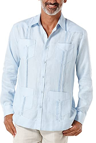 Cubavera 100% Linen Four-Pocket Long Sleeve Button-Down Guayabera Shirt (Available in Big & Tall) Chemise à Bouton Bas, Bleu Ciel, 3XL Grande Taille Hommes