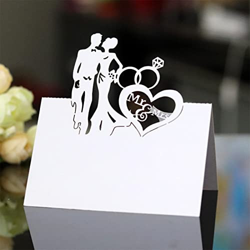 TROYSINC 100 Stück Hochzeit Tischkarten, Liebe Hochzeit Muster, Dreidimensional Platzkarten, Laser Schnitt Namenskärtchen, DIY Tischdeko für Hochzeit (Weiß)